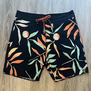 Billabong Recycler Sundays Pro Board Shorts with Orange and Green Leaf Design
